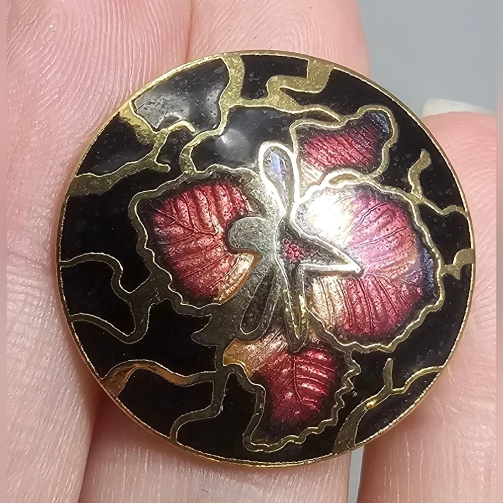 Vintage Black Gold Pink Flower Enamel Cloisonne Clip-On Round Stud Earrings - Picture 3 of 9
